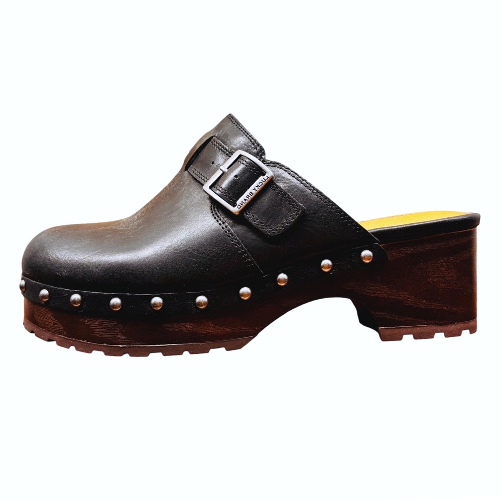 Lucky Brand Belvy Black Leather Studded Wooden Platform Clogs LK-BELVY Size 7M